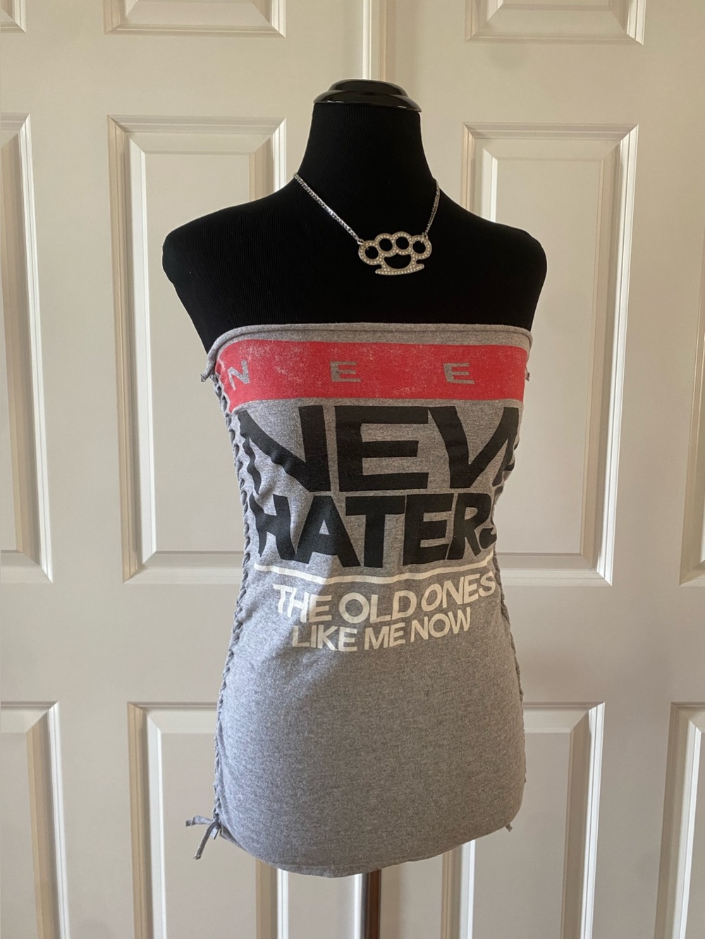 Handmade ‘Need New Haters’ Tube Top with Braided Sides & Cut Out Back